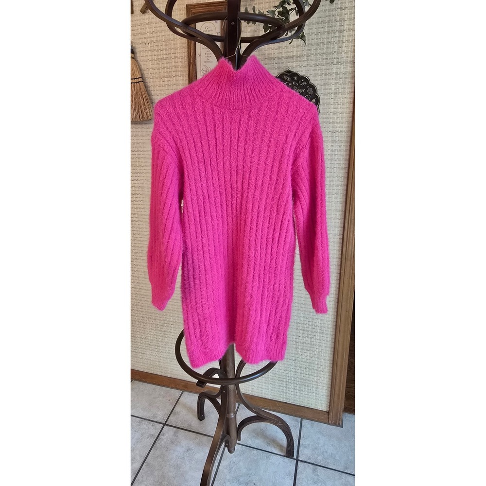 Hot Pink Fuzzy Ribbed Mock Neck Sweater Dress Long Sleeve Eyelash